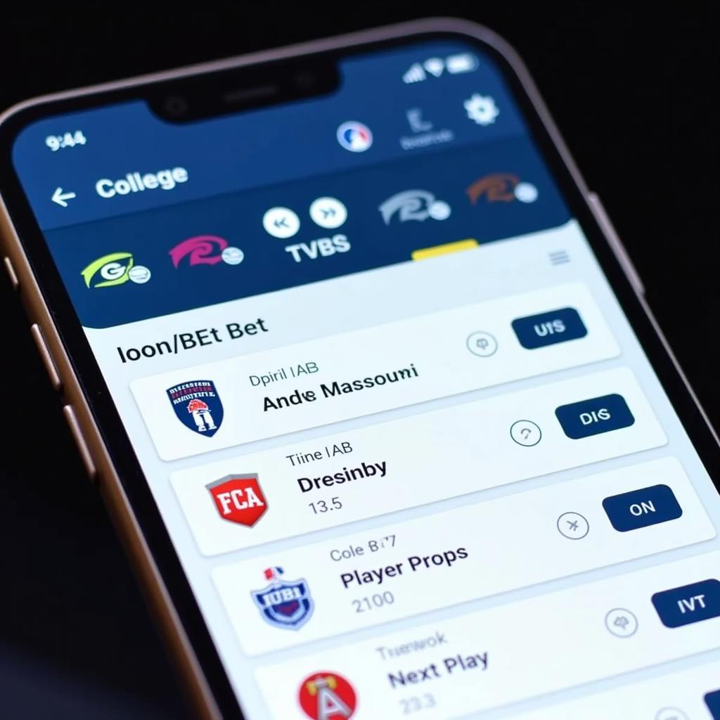 College Football Live Betting Interface on a Mobile Device