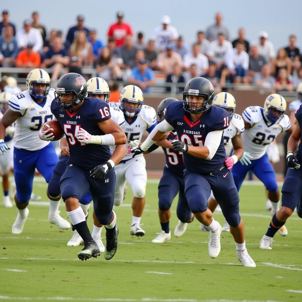 Desert Vista High School football team's defense executing a play during a live game.