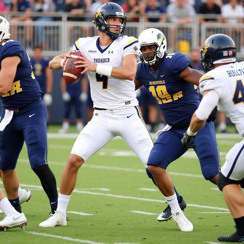 Desert Vista High School's quarterback throws a pass during a live football game.