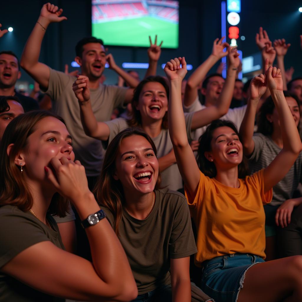 Diverse fans celebrating while watching a collafe football live stream