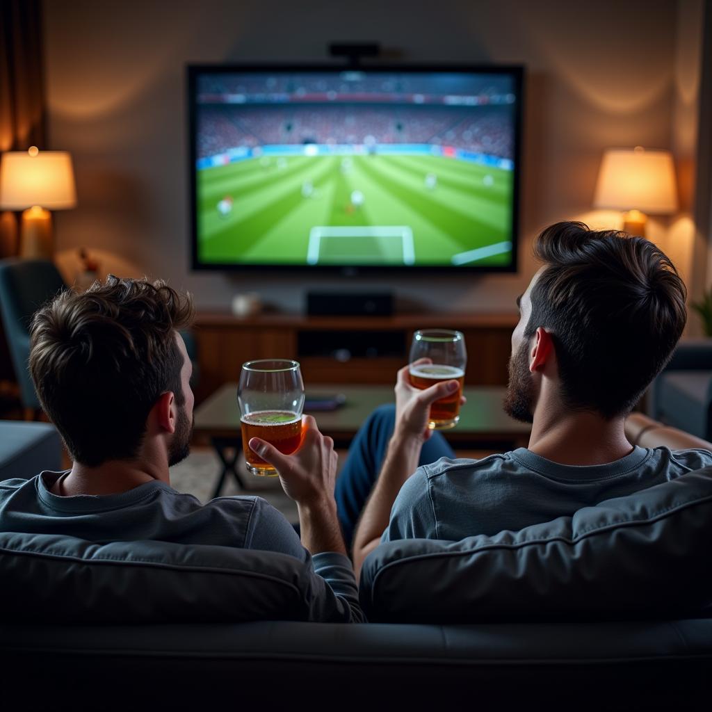 Two drunk guys reacting excitedly to a football game on their sofa