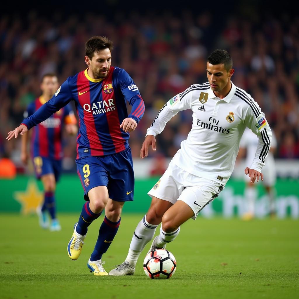 Lionel Messi and Cristiano Ronaldo facing off during a historic El Clasico match.