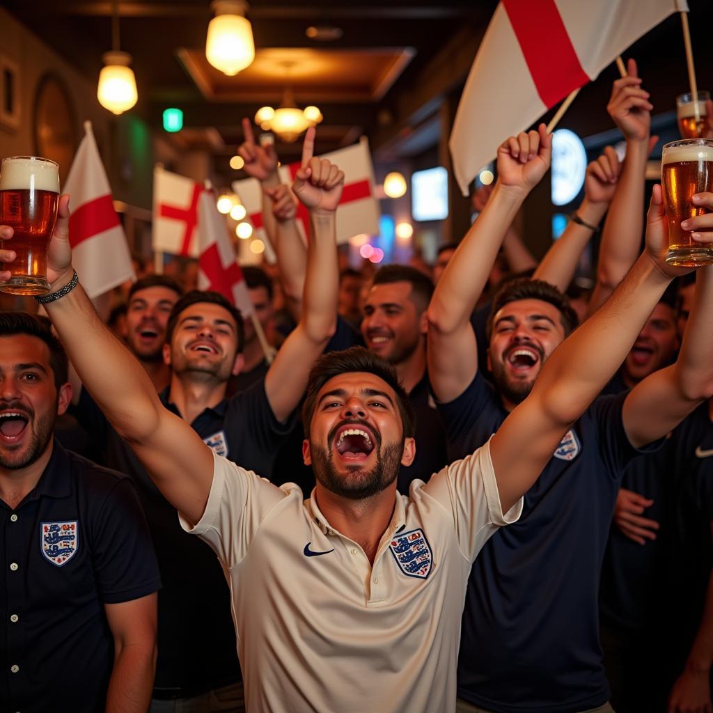 England fans erupting in celebration during a live match at a pub.