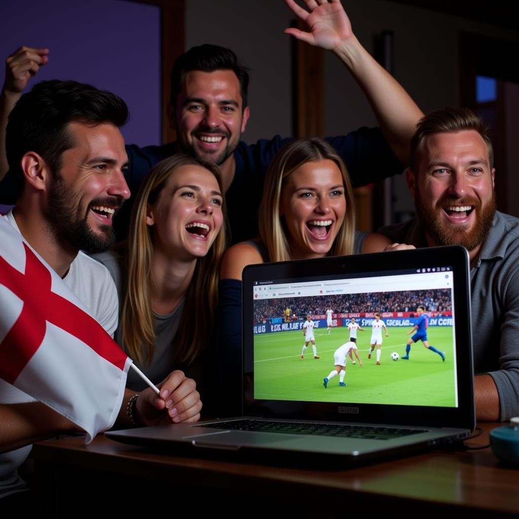 England football fans excitedly watching a live stream of a match on BBC