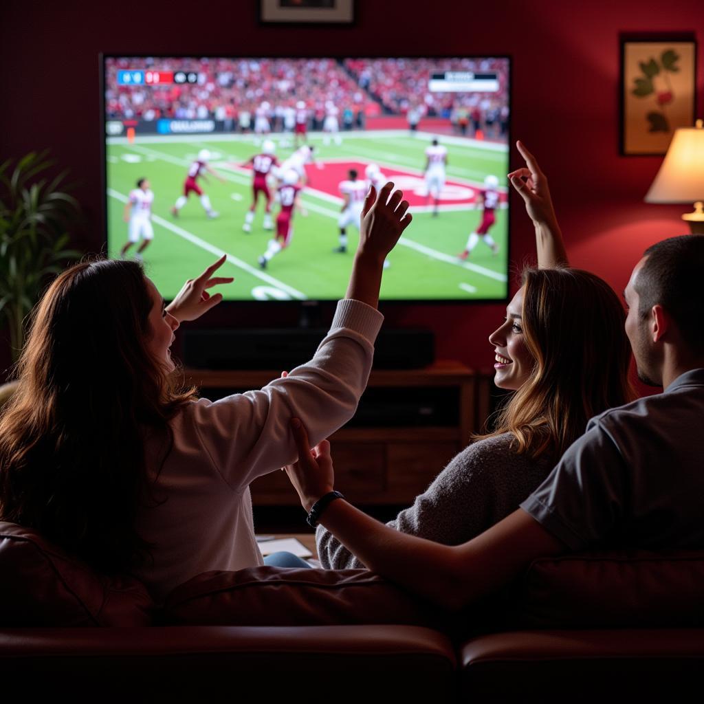 Group of friends watching Fayetteville Bulldogs football live stream together, celebrating a touchdown