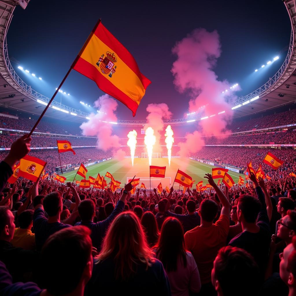 Fans cheering in a packed stadium during a live España football league match