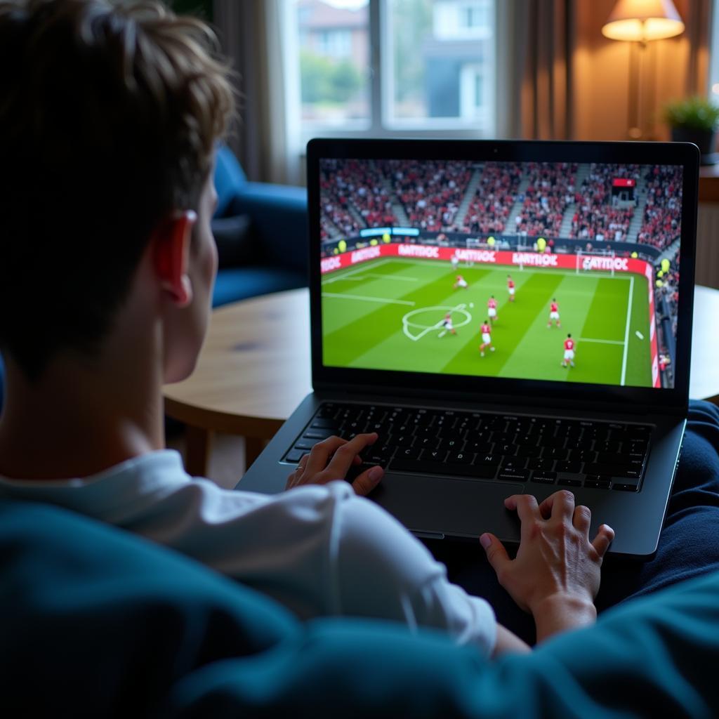 A person watching an España football league match live on their laptop