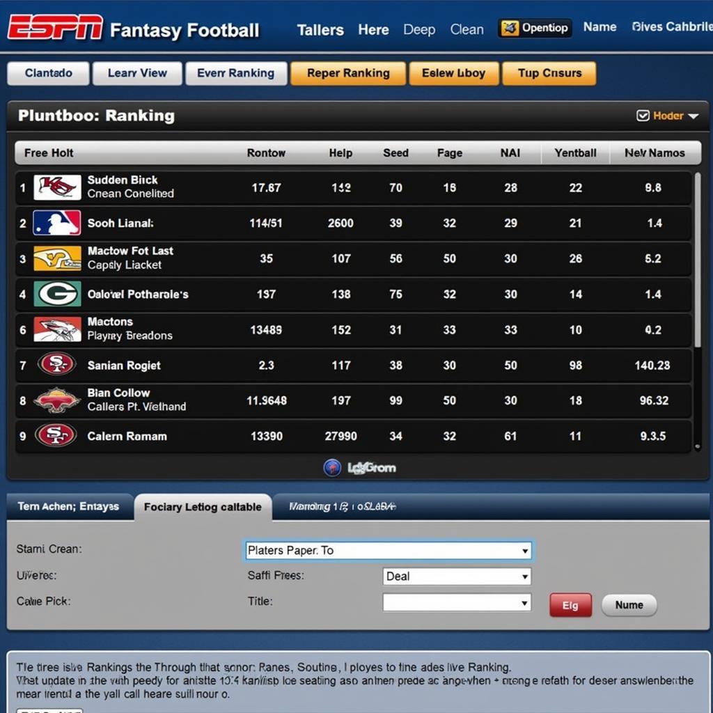 ESPN Fantasy Football Live Rankings Interface