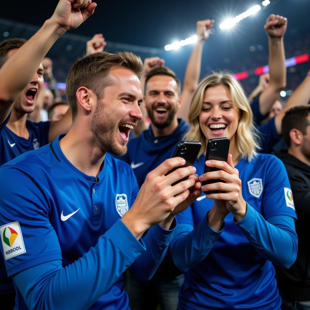 Estonian football fans celebrating a goal after checking the live score update on their phones.