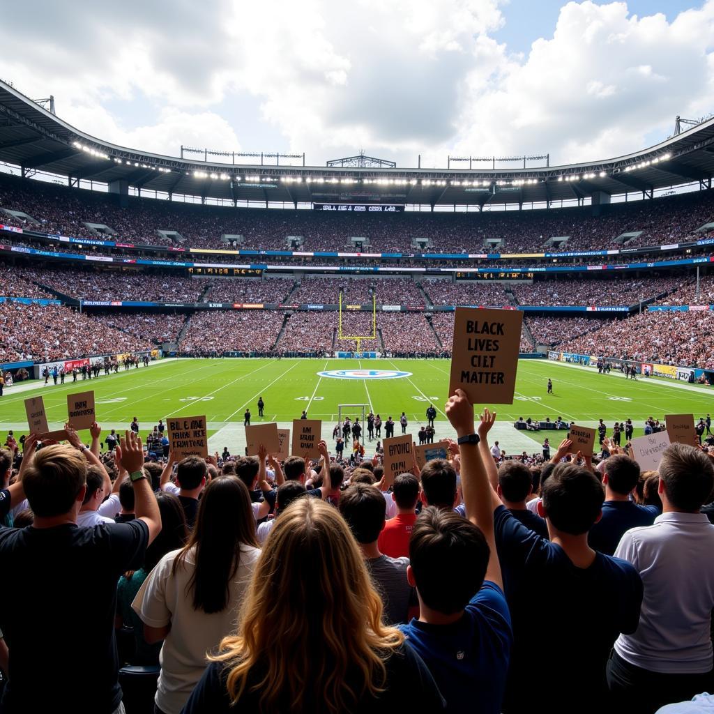 Fans hold Black Lives Matter signs at a football game