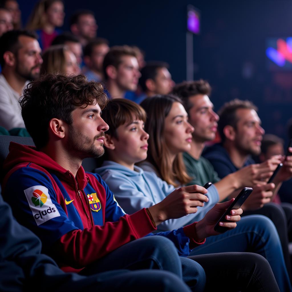 Excited fans watching El Clasico live stream on various devices.