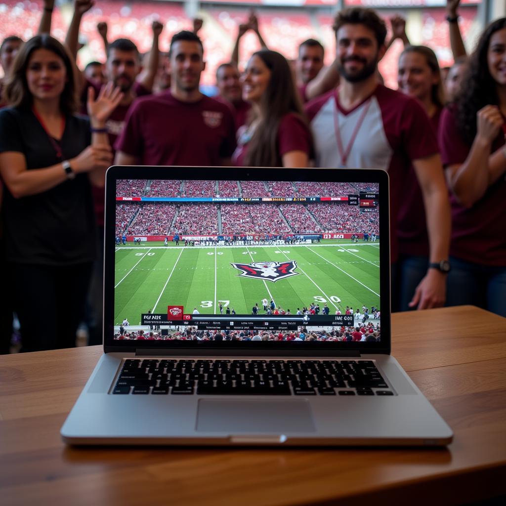 Fayetteville Bulldogs football game live stream on a laptop with fans cheering in the background