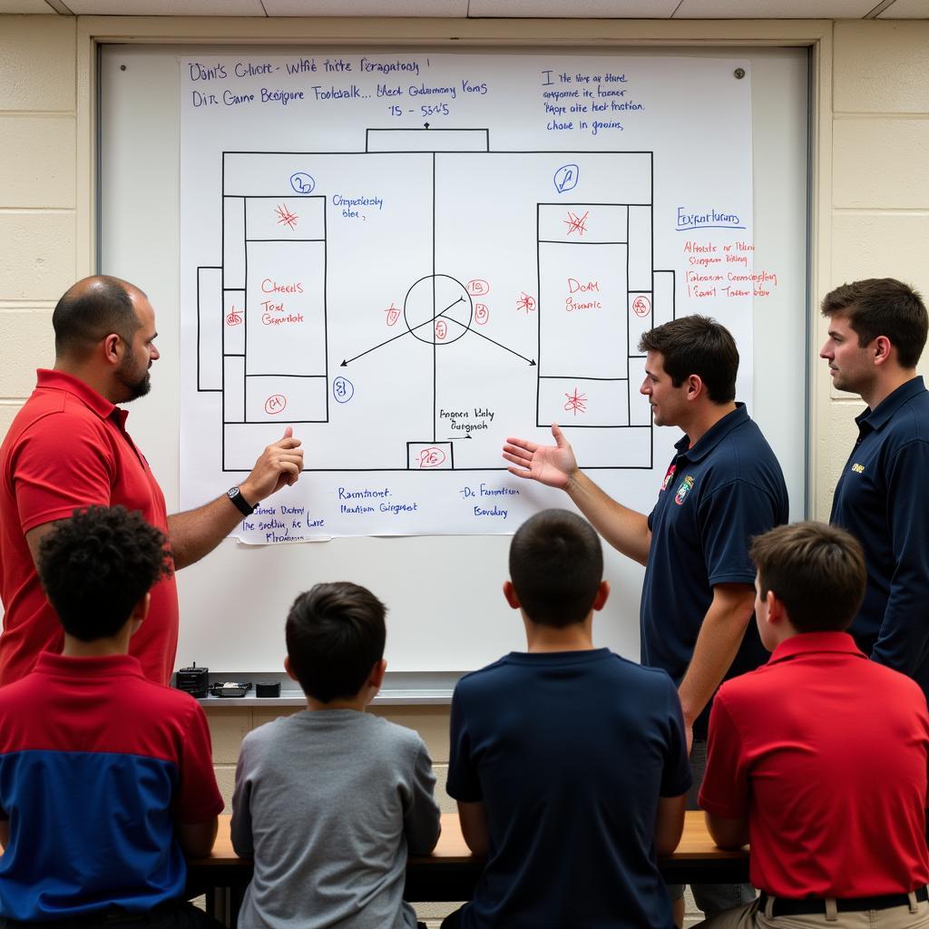 Fenton football coach discusses tactics and formations with his team using a whiteboard.