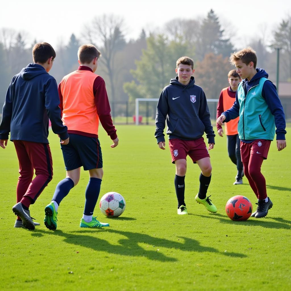 Young Fenton football players participate in a training drill, focusing on passing and ball control.