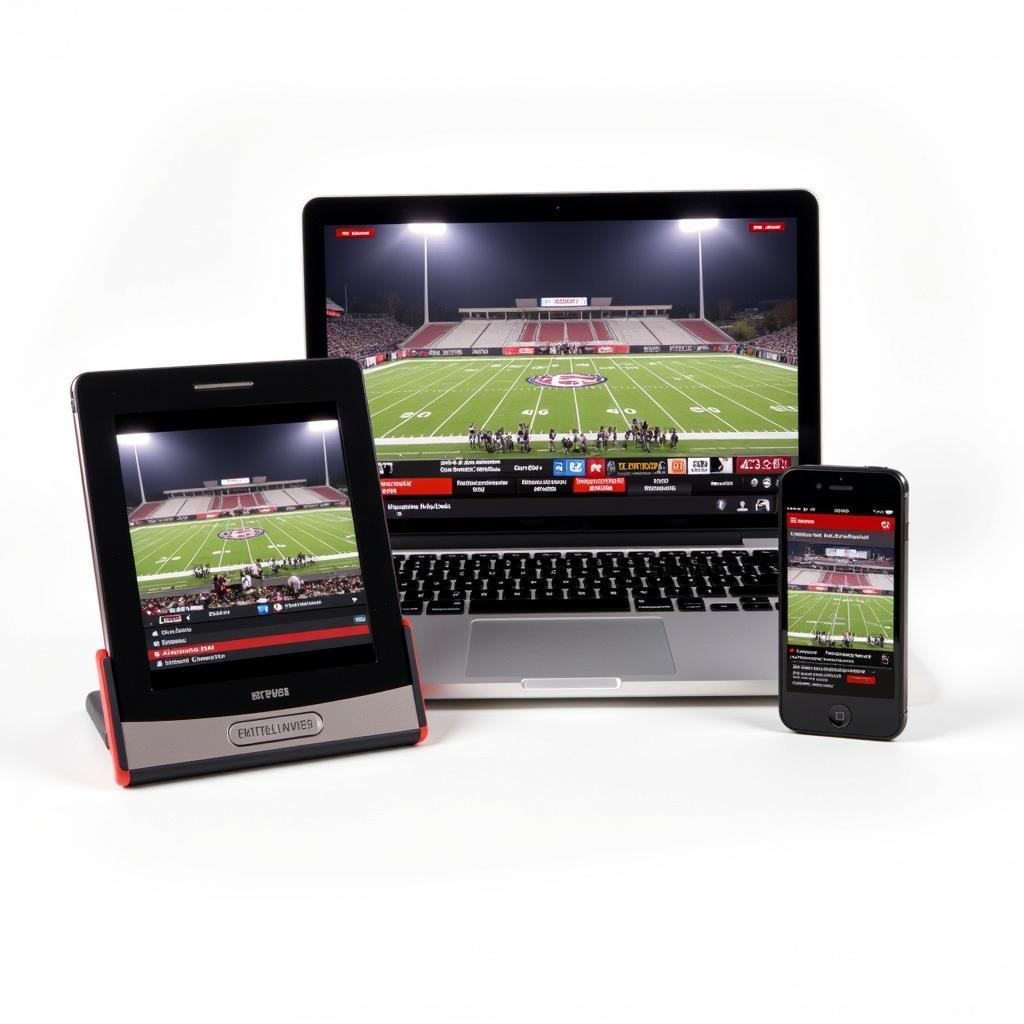 Various platforms for watching Fort Osage High School football live streams, including a computer, tablet, and smartphone.