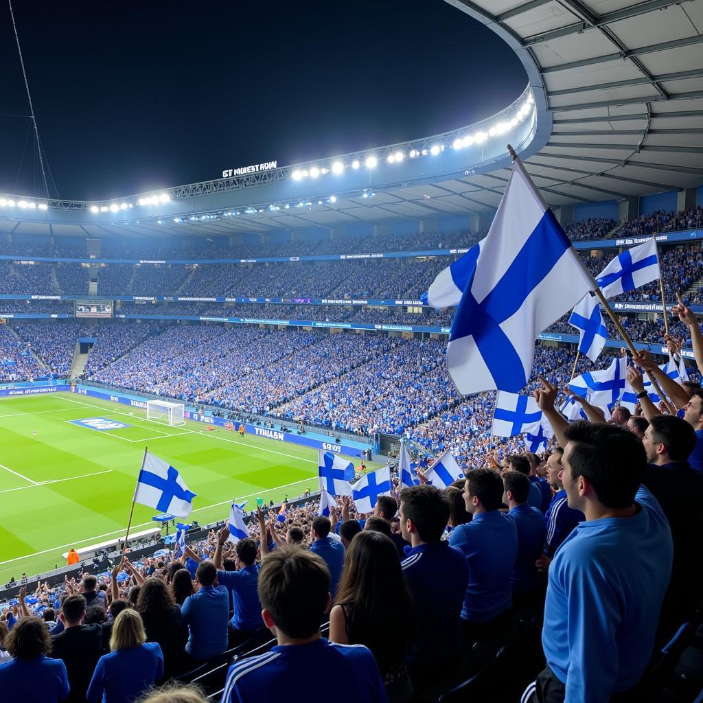 Finnish football fans cheering enthusiastically during a live match