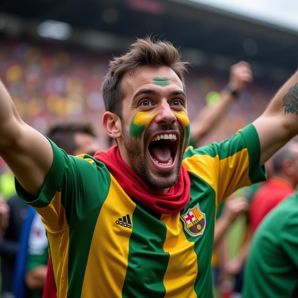 Football fan celebrating a goal during a live match