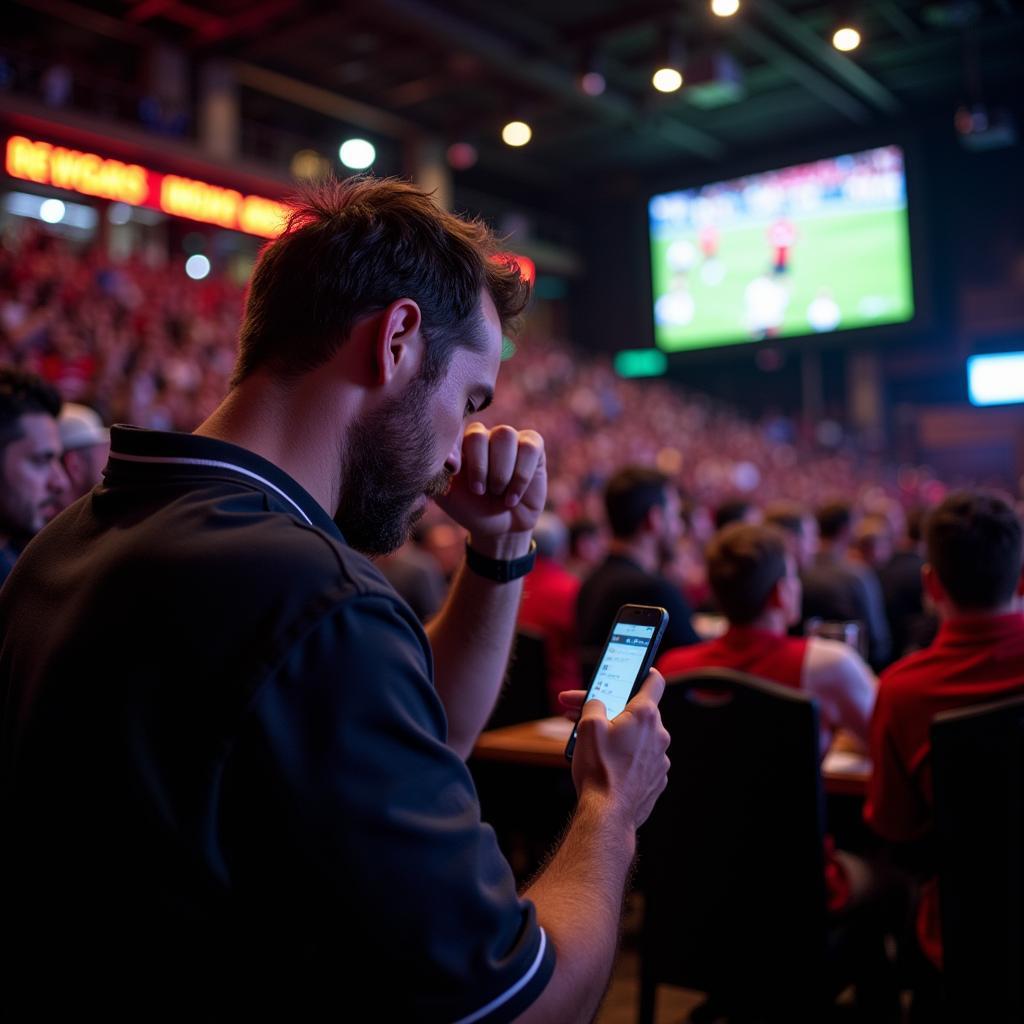 A football fan checks the live score on his phone