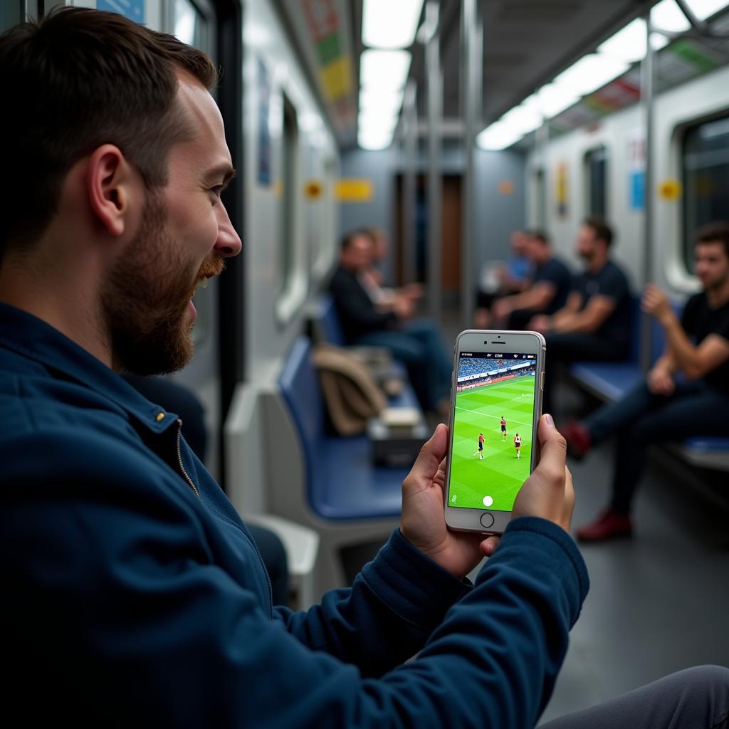 Football Fan Watching Live HD Match on Phone