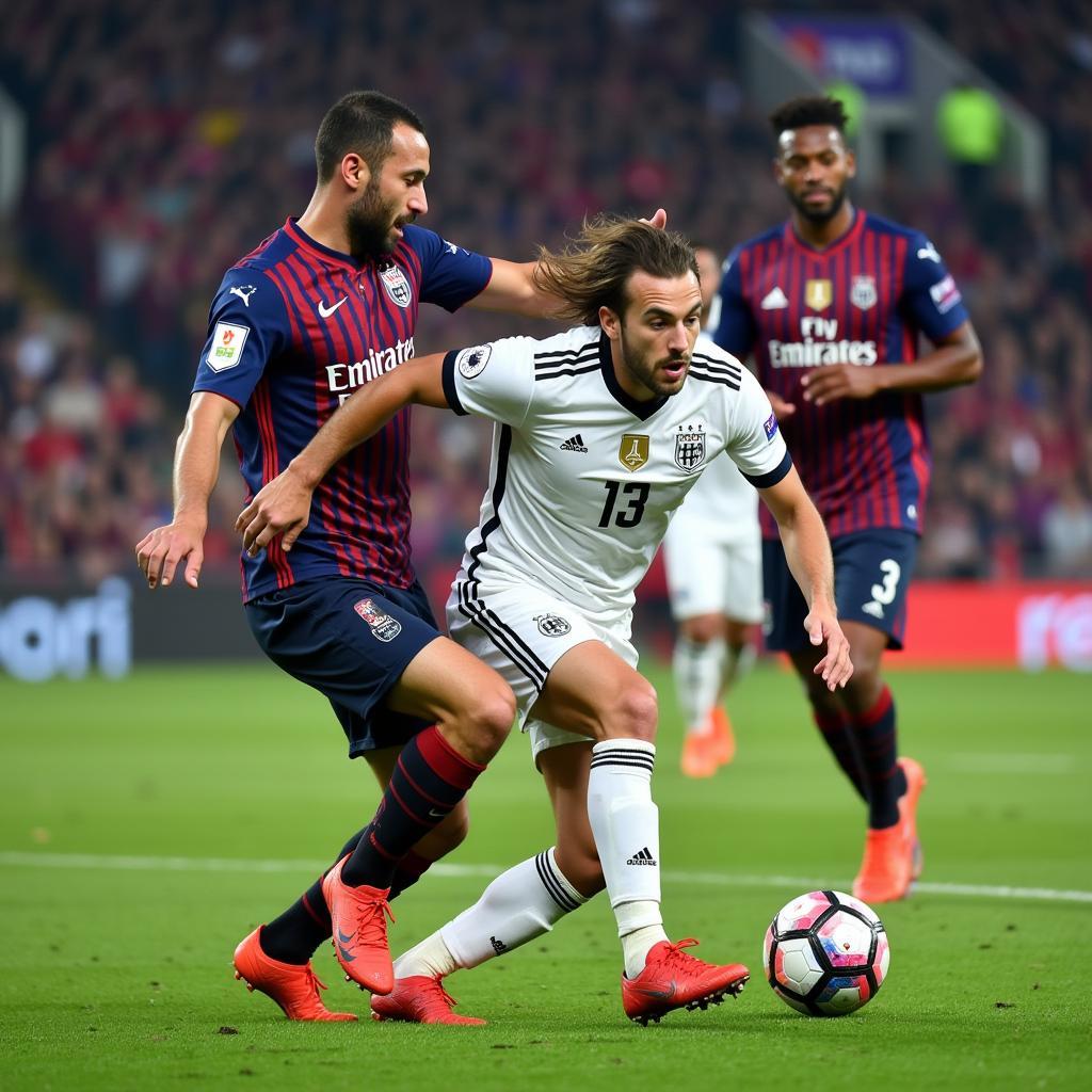 A thrilling football match moment from 2022, showcasing players vying for the ball.