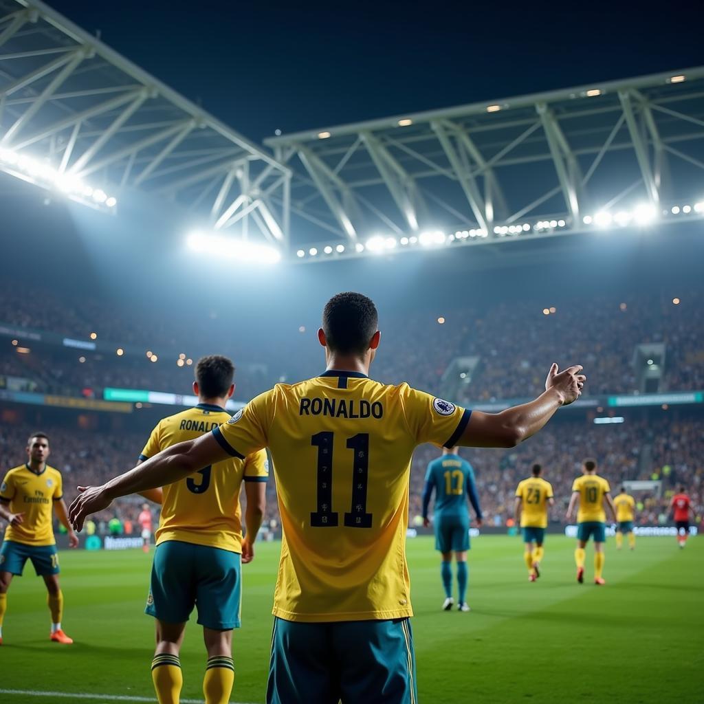 Cristiano Ronaldo celebrating a goal during a live streamed match.