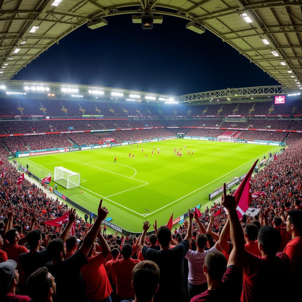 Qatar's vibrant football stadium atmosphere during a live match.