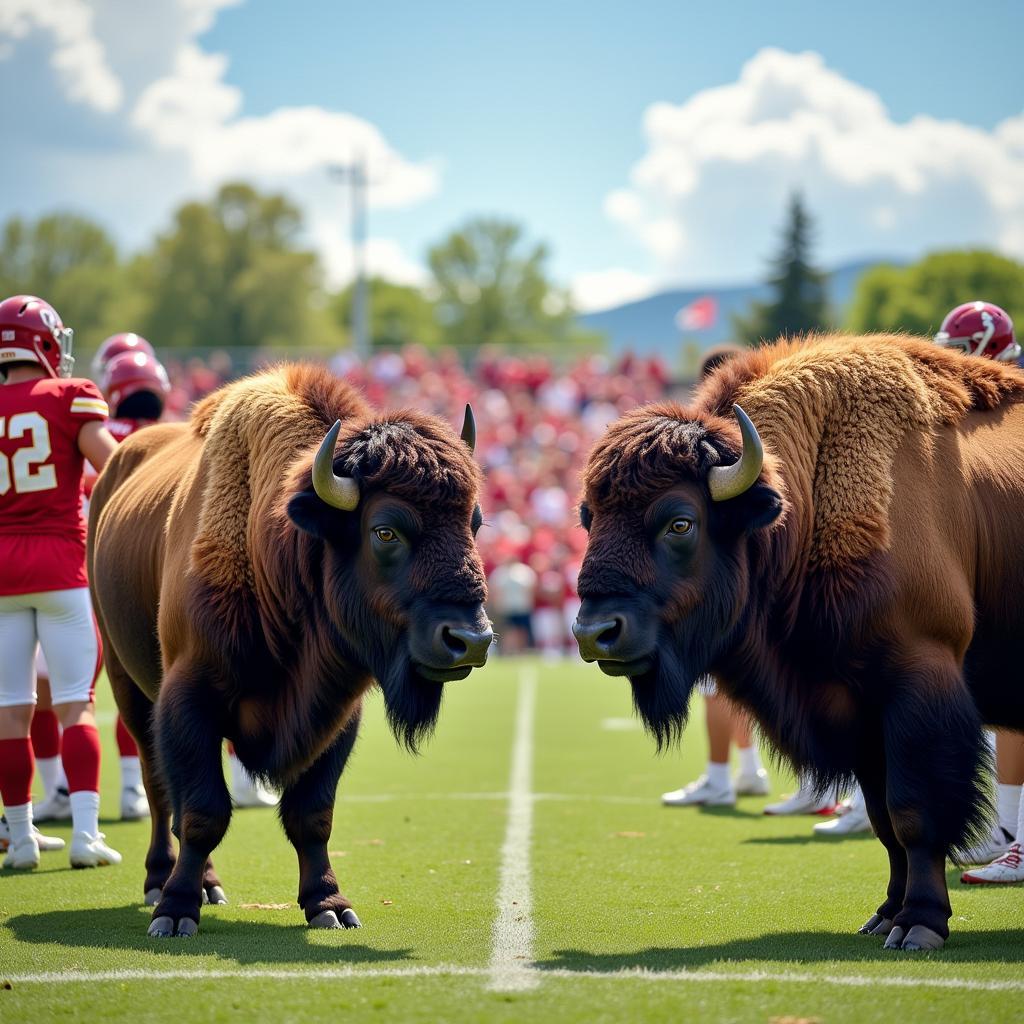 A football team with live bison on the field