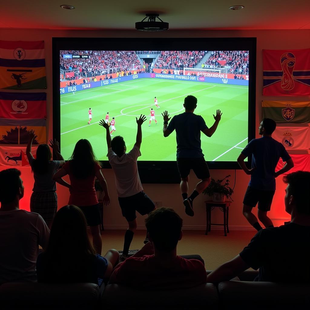 Fans celebrating a goal while watching the Football World Cup live on TV