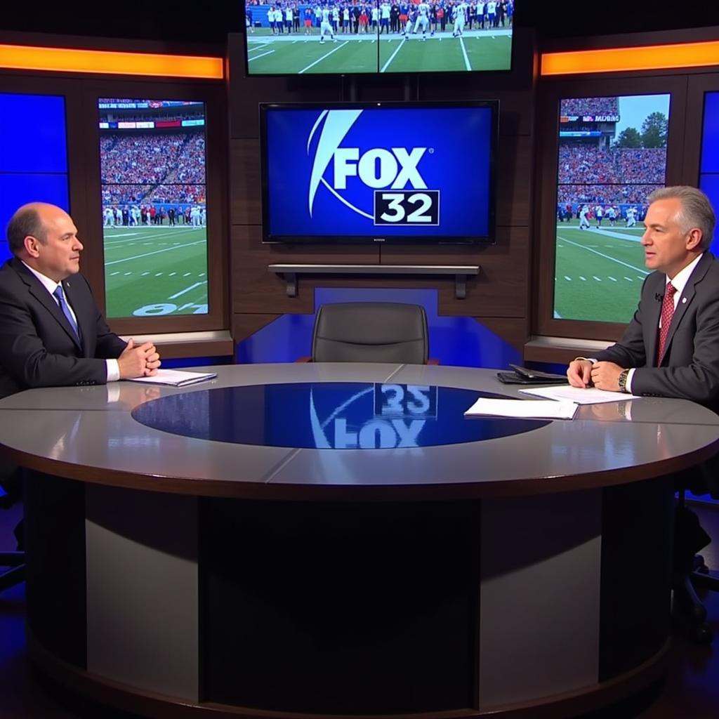 Fox 32 Live Football Commentators in the Broadcast Booth