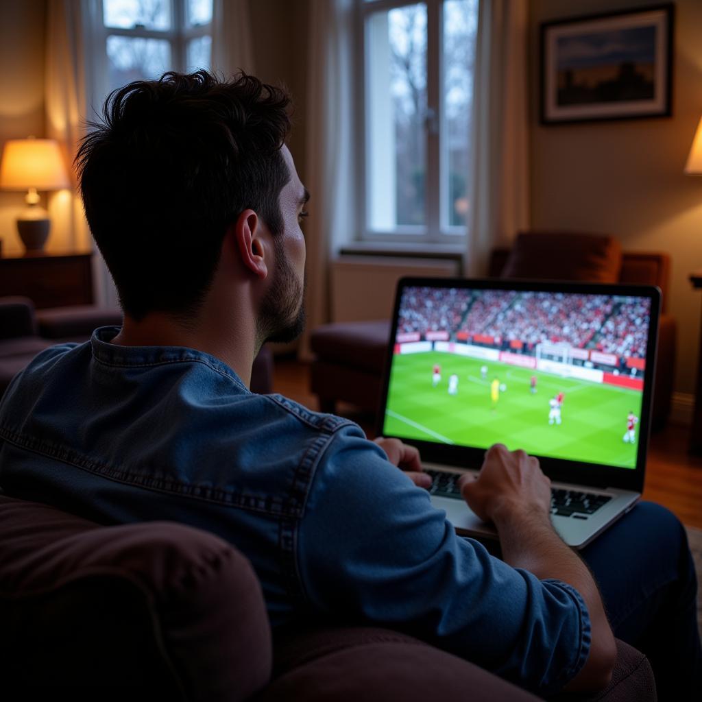 Man watching free football live streaming on laptop