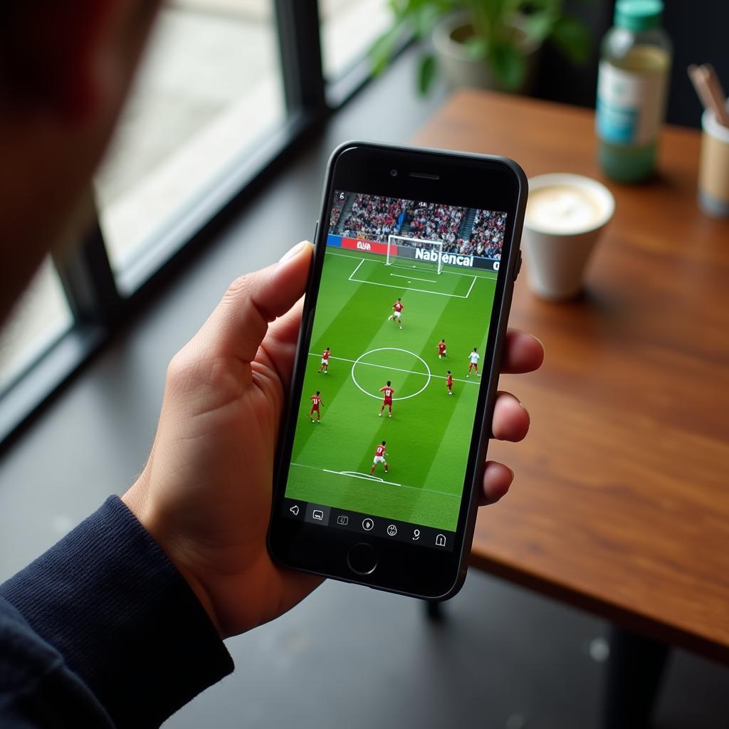 A person watching a live football match on their mobile phone using a free live football app.