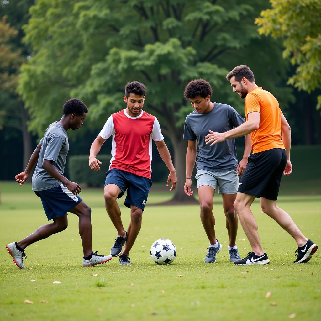 A group of freestyle footballers practicing together at a community event.