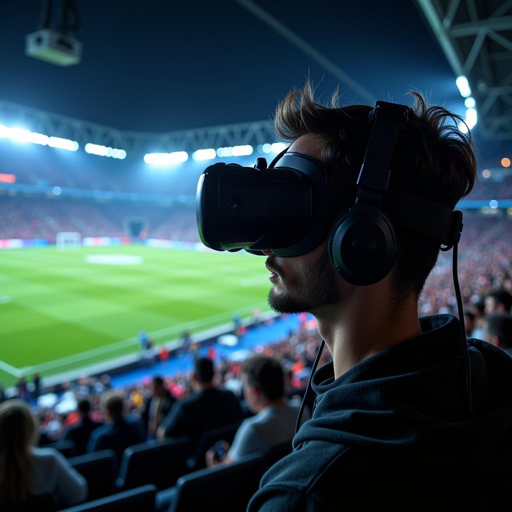 A person wearing a VR headset, experiencing a football match in a virtual stadium.