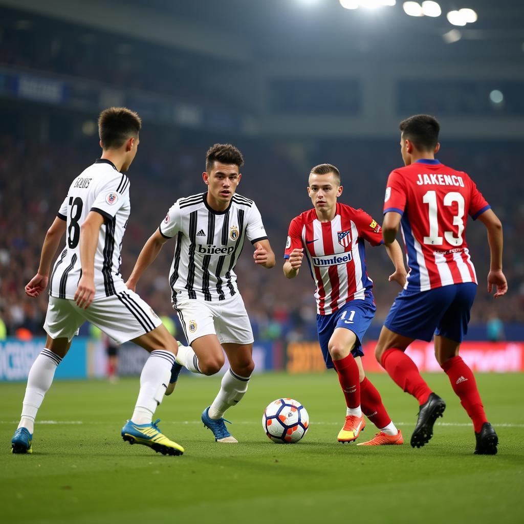 Young players from Juventus and Atletico Madrid academies facing off.