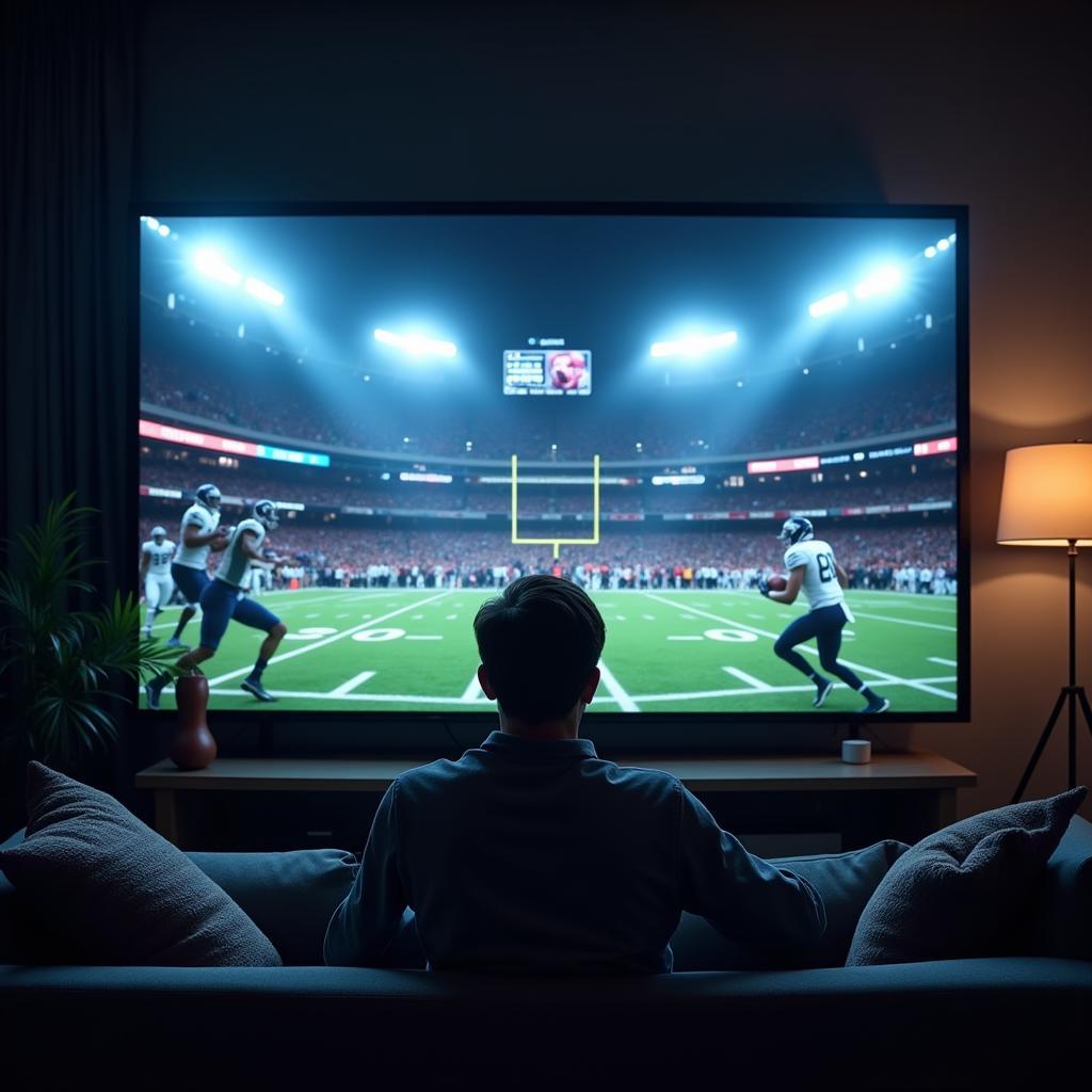 The future of American Football fandom visualized with holographic projections and interactive elements.