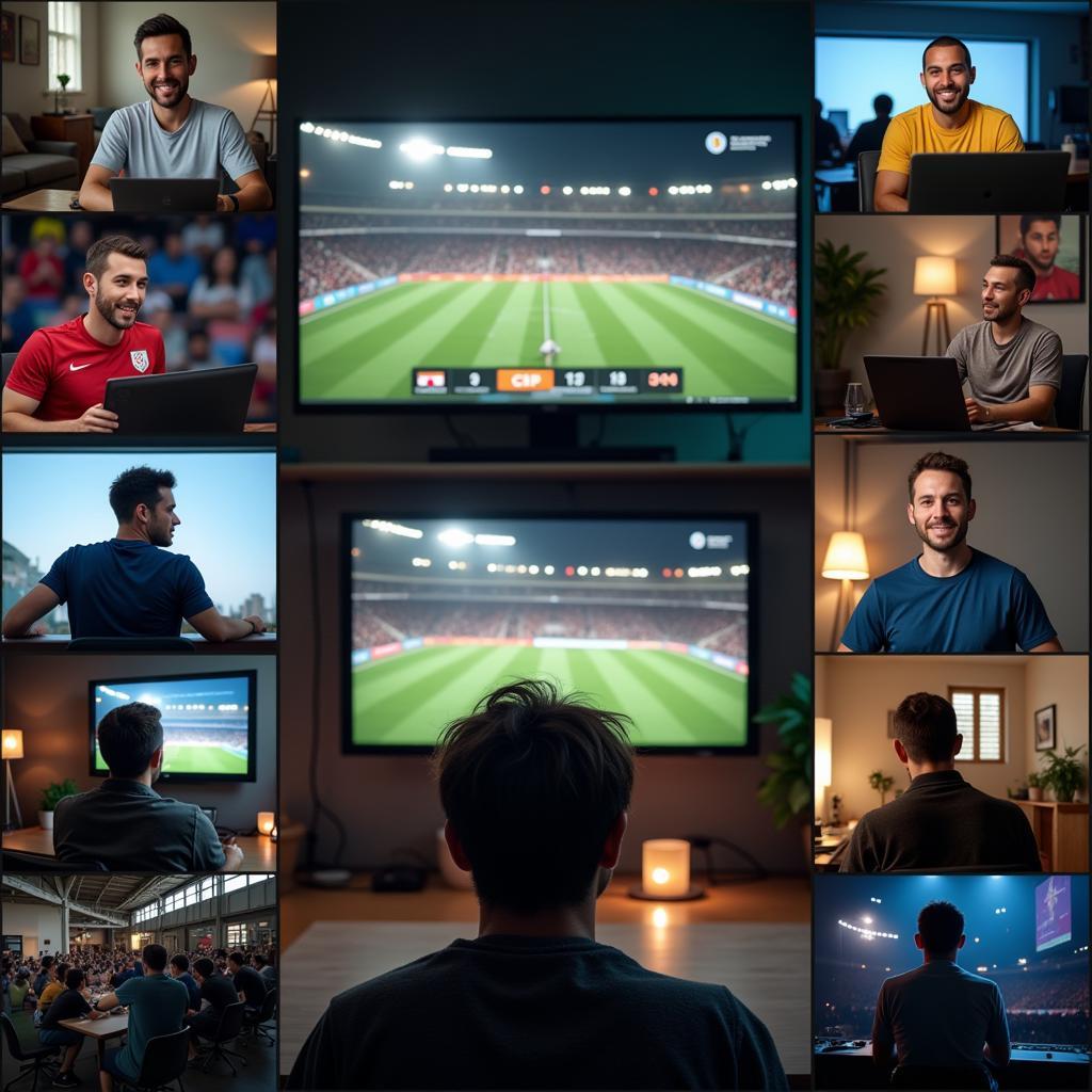 Fans from different countries watching football live online.