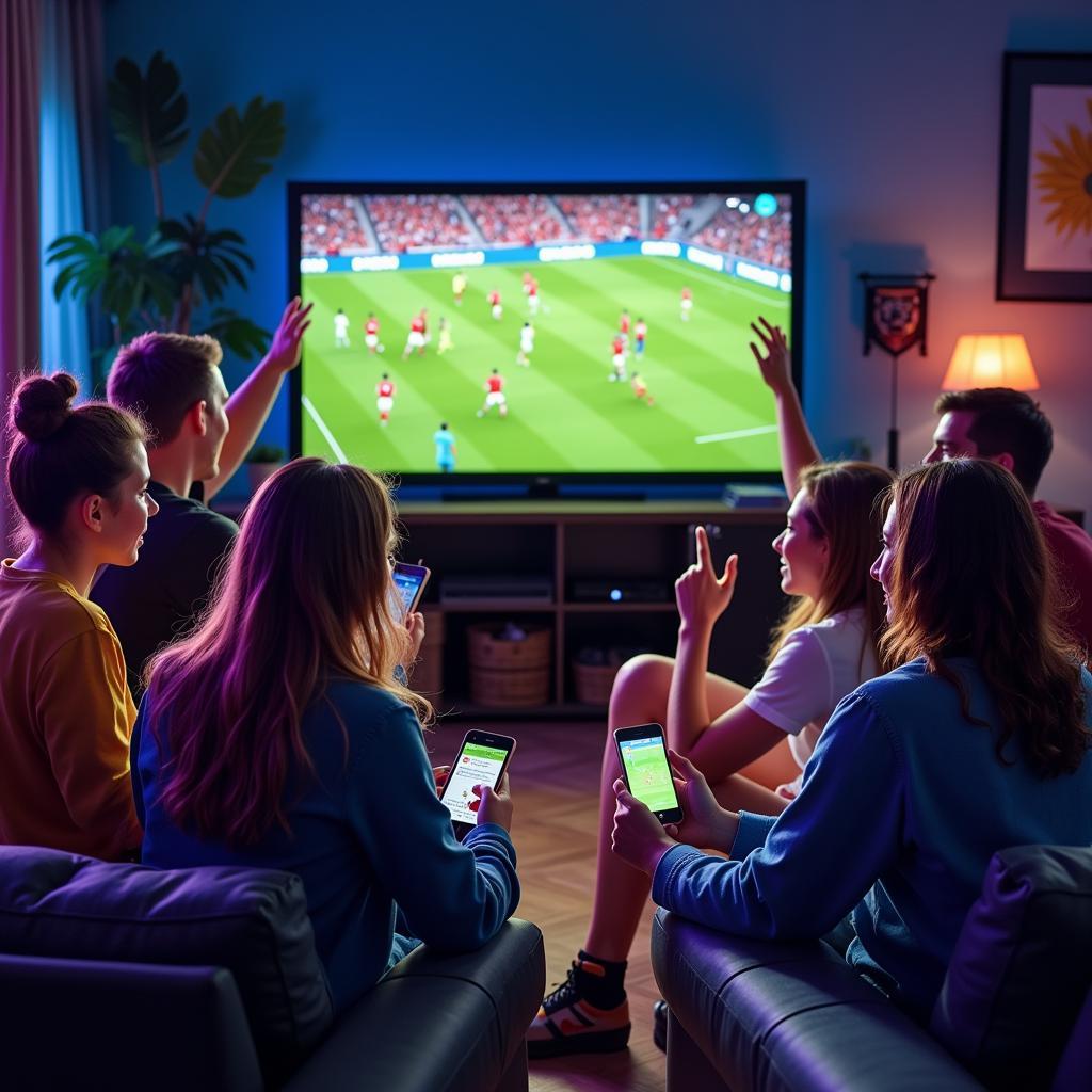 A group of friends watching a football match and checking the live score on their phones.