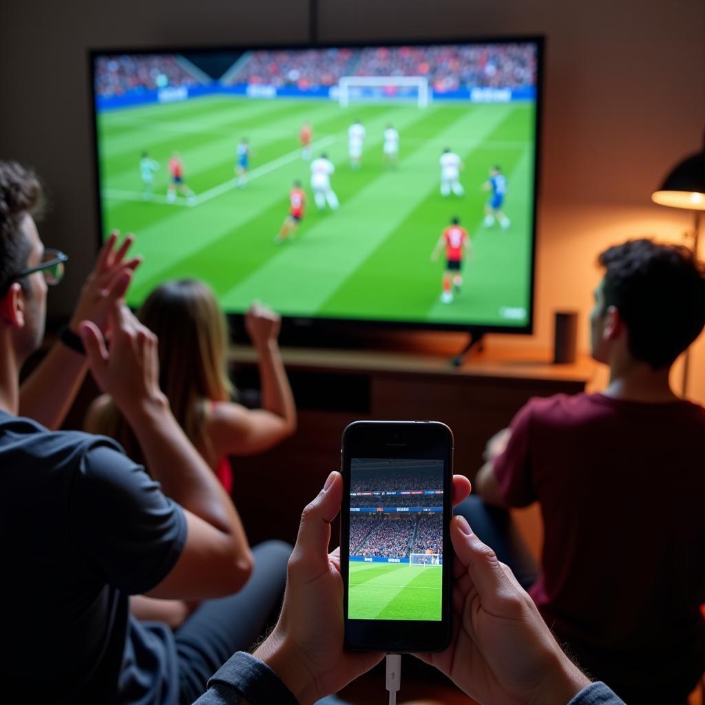 A group of friends watching a football match on TV, streamed from a free app