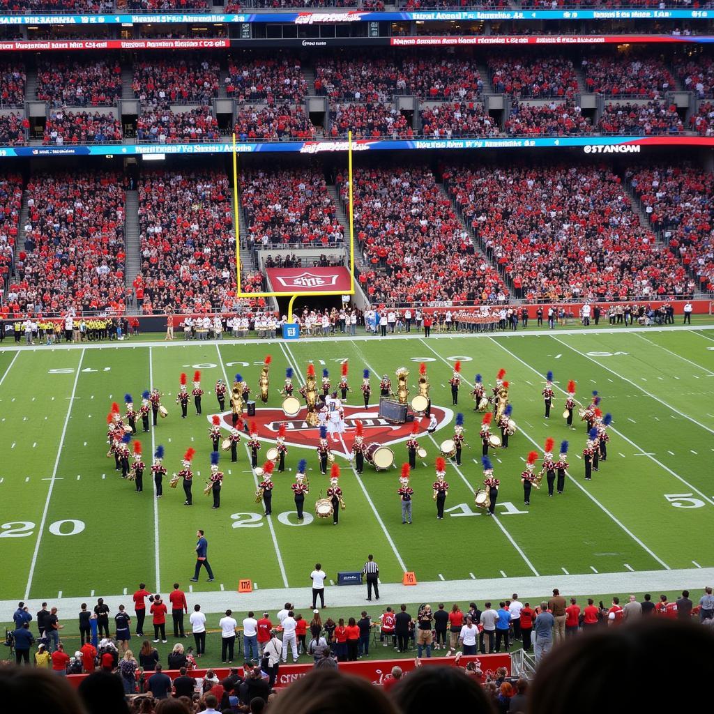 High school marching band performing a complex formation during a football halftime show.