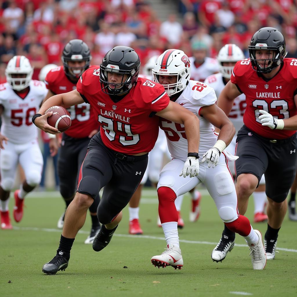 Lakeville North Football players in action during a game, showcasing dynamic offensive plays and tenacious defense.