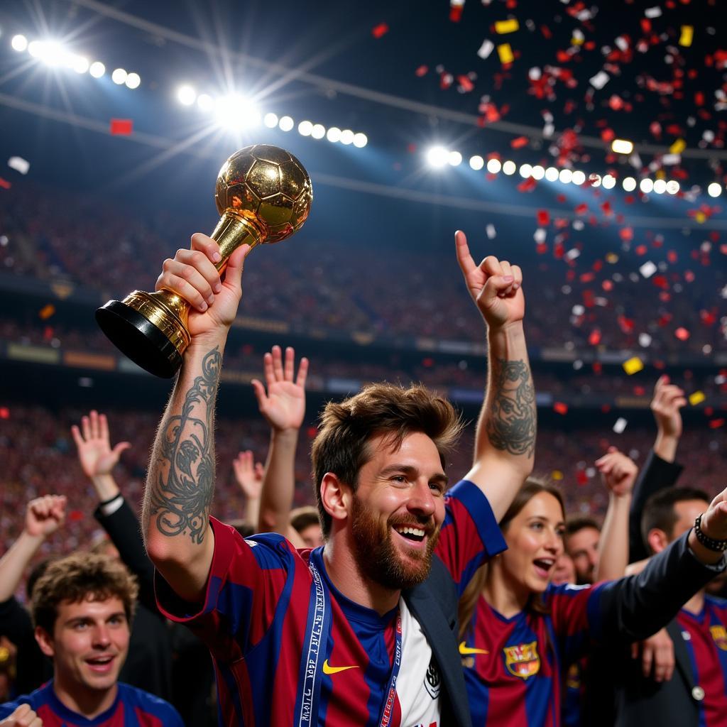 Lionel Messi celebrating his Ballon d'Or 2021 win