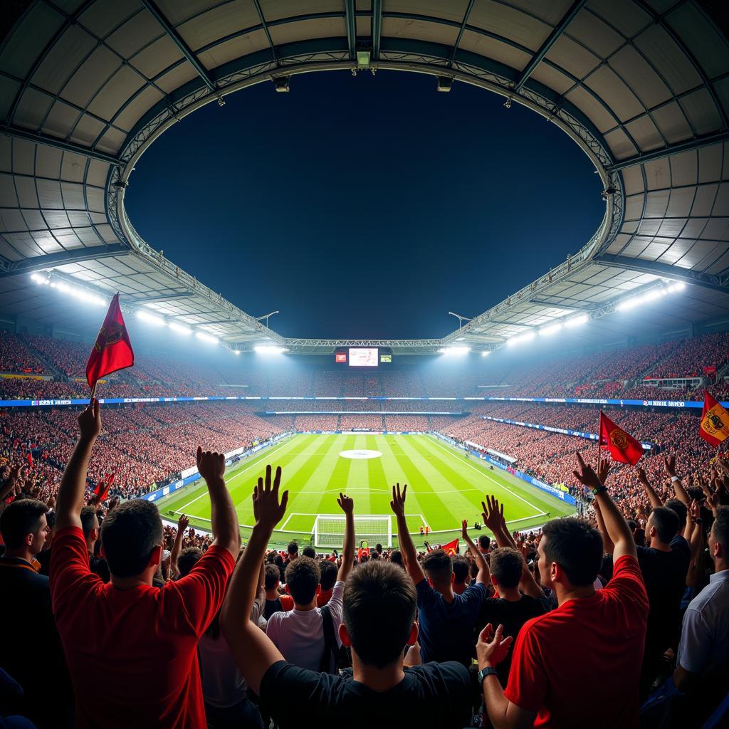 Fans cheering in a packed football stadium