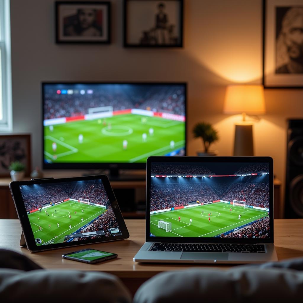 Watching live football streaming on multiple devices - laptop, tablet, and smartphone.