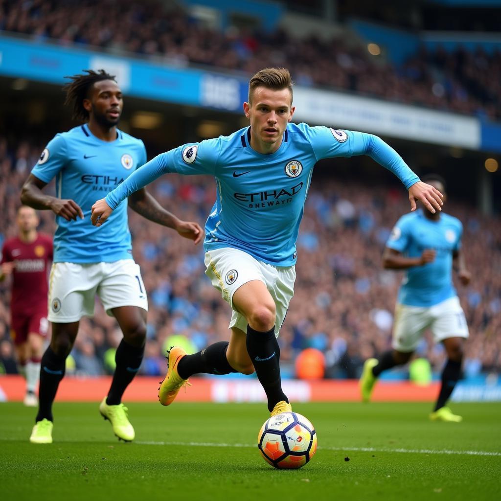 Manchester City playing a live football match at the Etihad Stadium