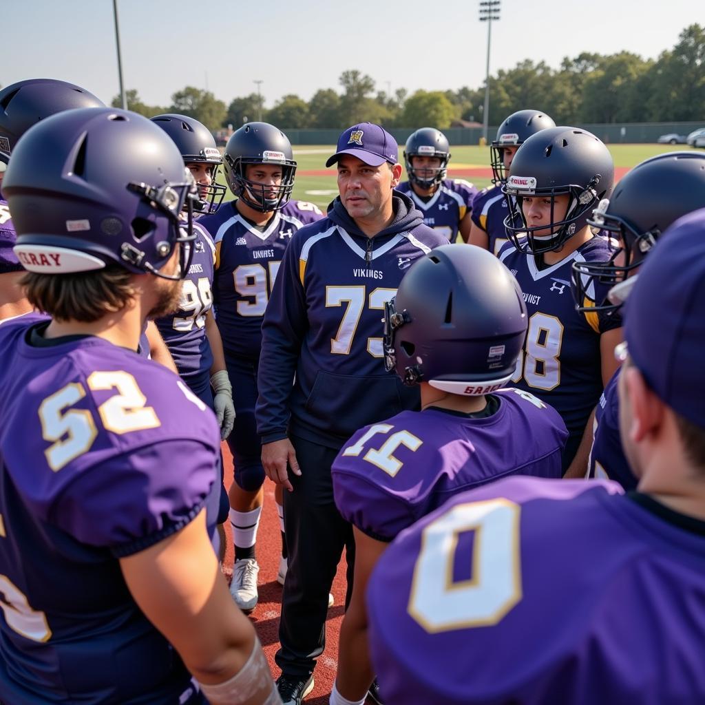 Mary G. Montgomery Vikings football team huddles before a game, showcasing their team spirit and unity.