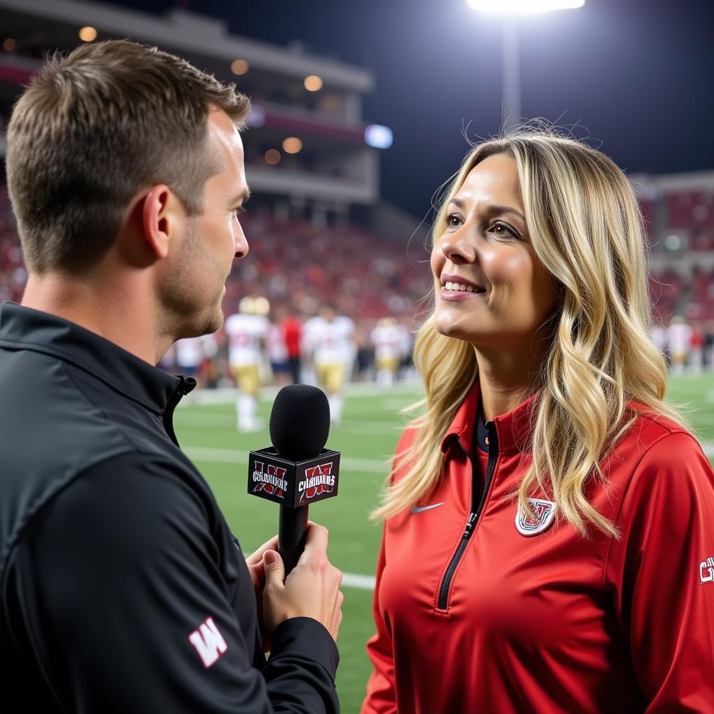 Molly McGrath interviewing a college football coach