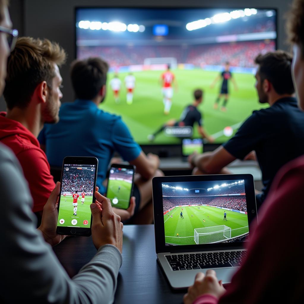 People watching football on various devices like phones, tablets, and laptops