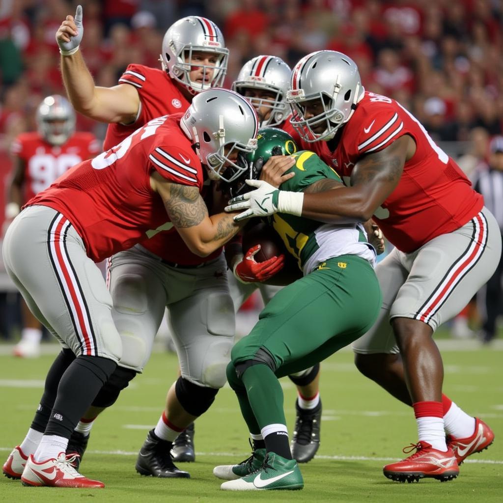 Ohio State defense tackling an Oregon player