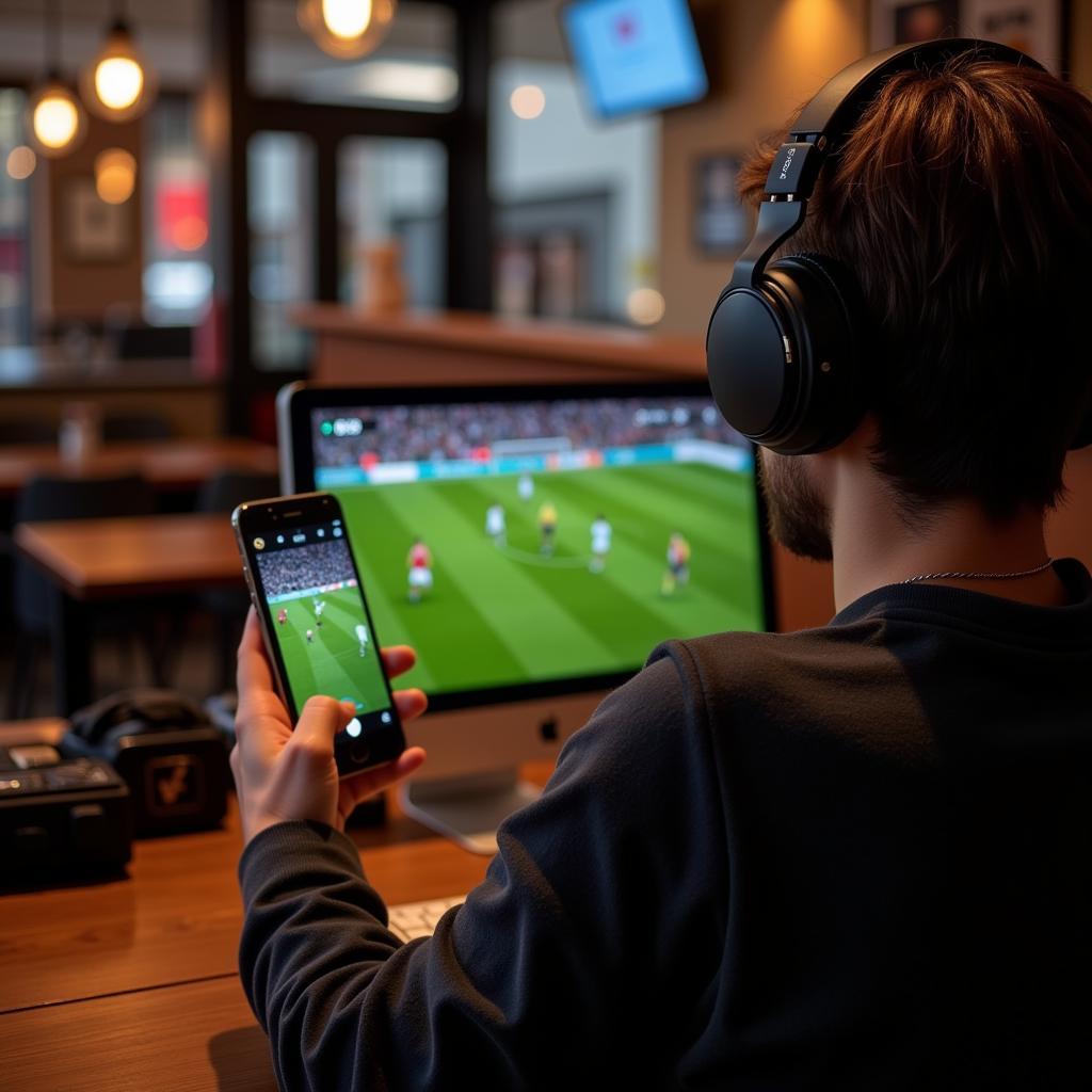 Person Watching Football on Mobile with Headphones