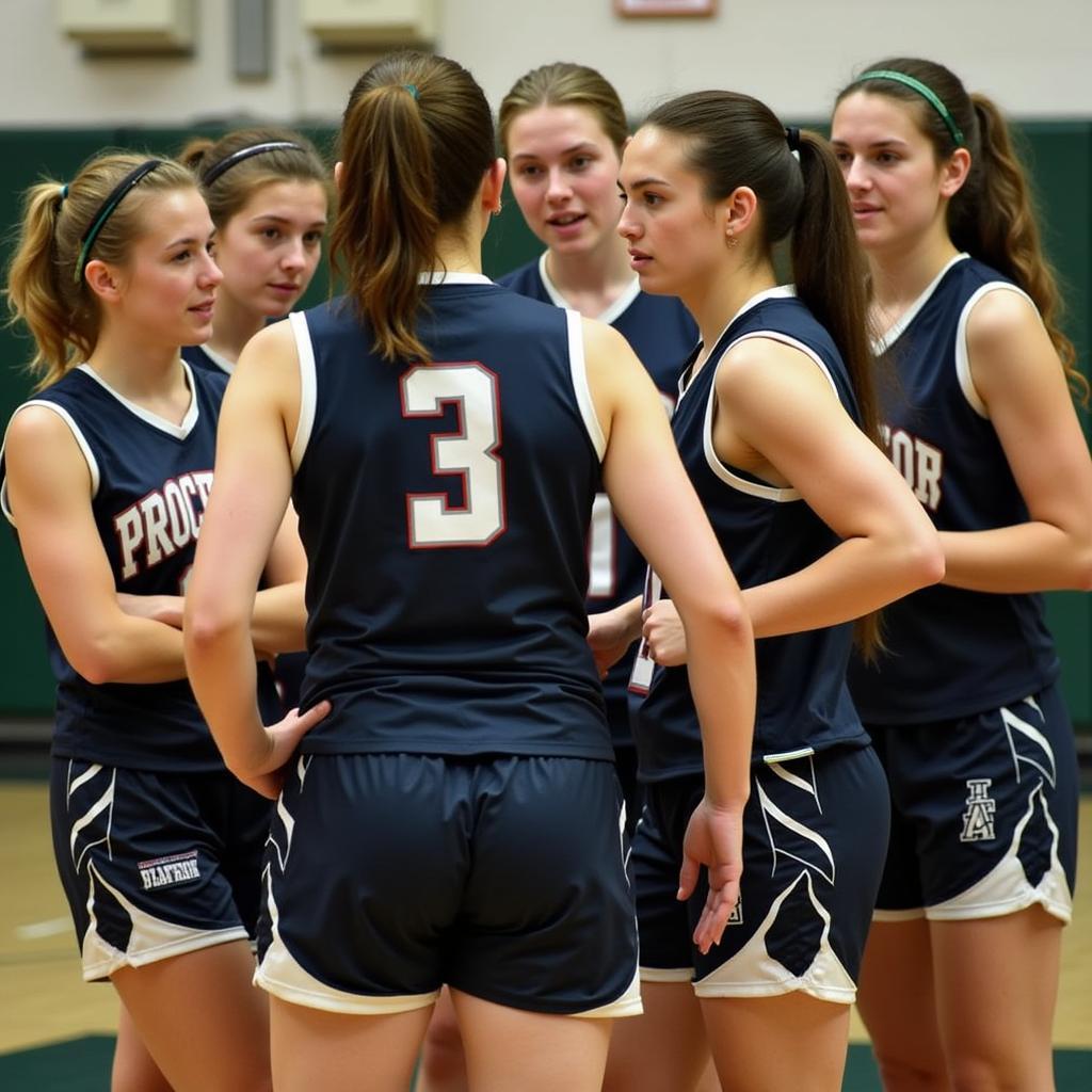 Proctor high school's defensive players huddled during a timeout.